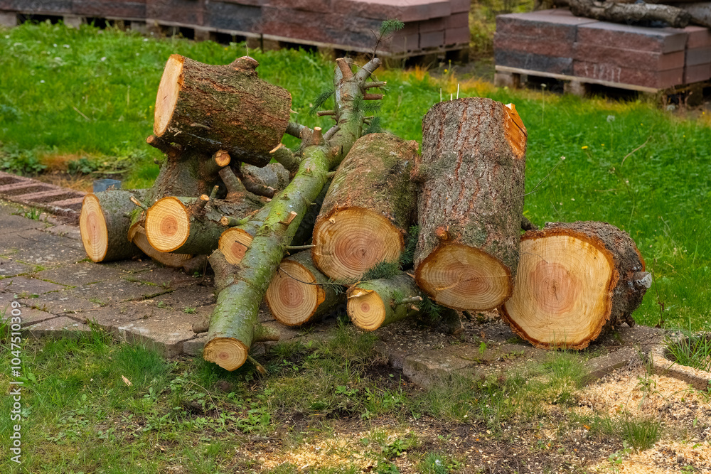 A pile of cut tree trunks sits on the ground near a garden A pile of cut tree trunks sits on the ground near a garden