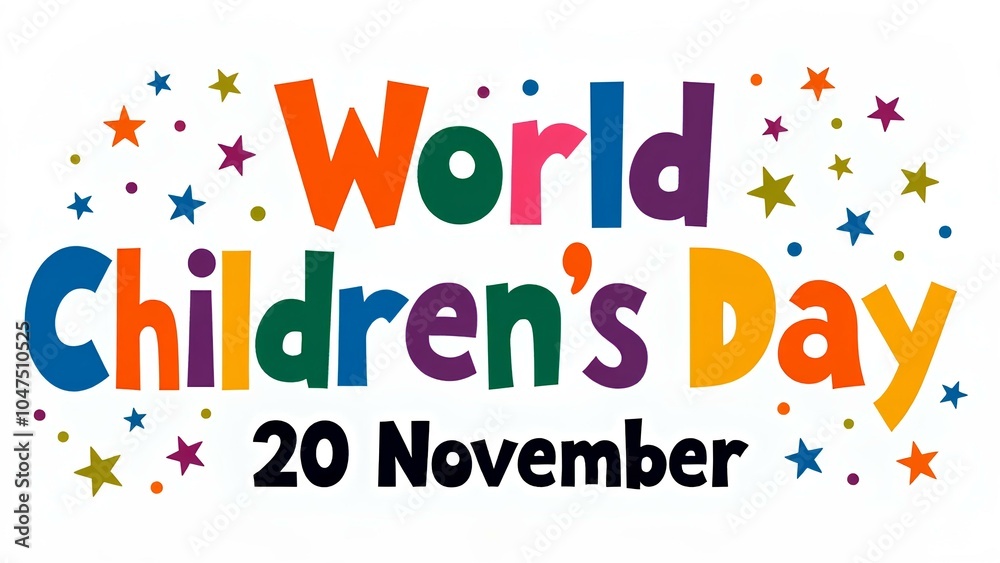 Fototapeta premium Bright illustration with text ‘World Children's Day’ with colourful letters and stars on a white background to celebrate World Children's Day on November 20