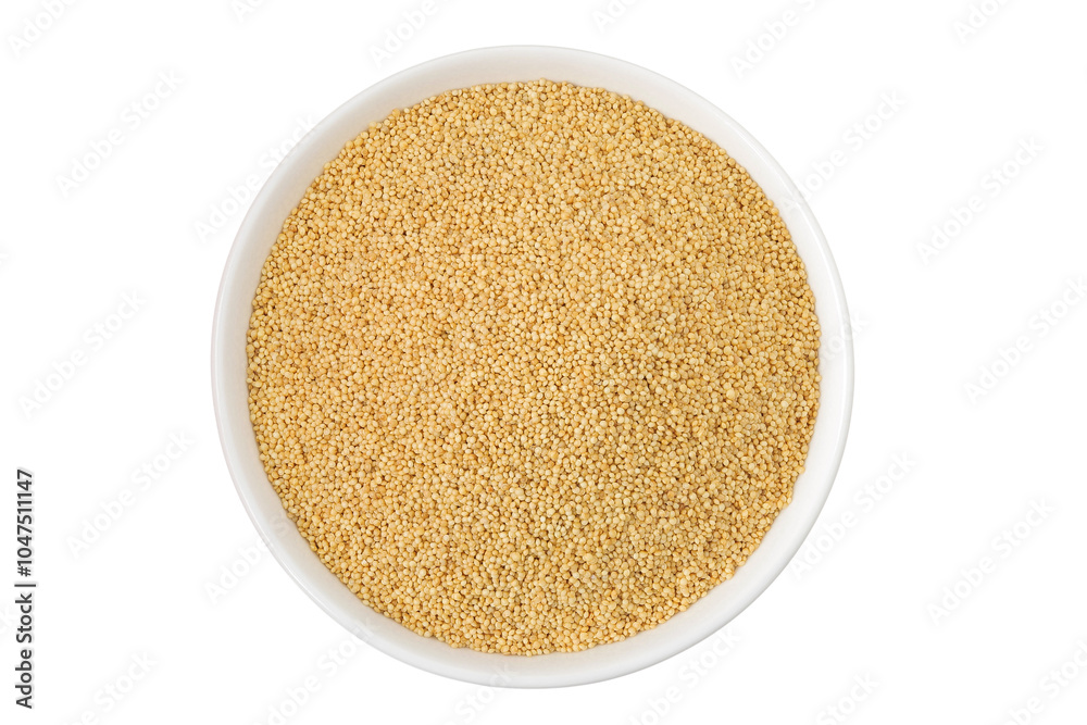 Amaranth grain seeds in ceramic bowl isolated on white background. Top view. Flat lay Amaranth grain seeds in ceramic bowl isolated on white background. Top view. Flat lay