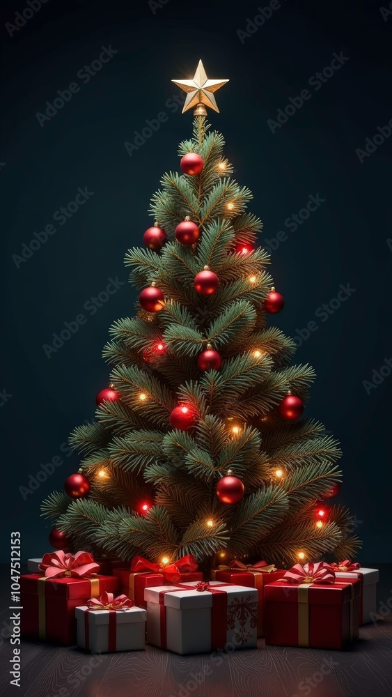 Christmas tree with red balls and lights, stands vertically, paper gifts under the tree Christmas tree with red balls and lights, stands vertically, paper gifts under the tree