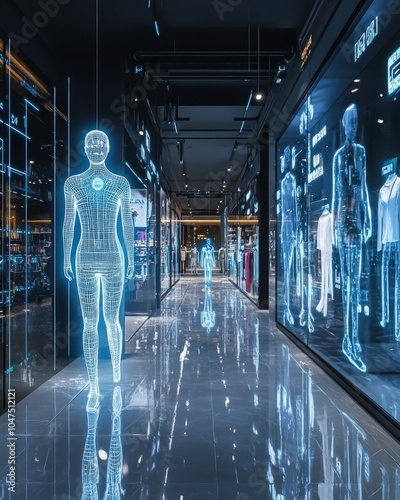 Futuristic retail environment with AI-driven personalized shopping experiences