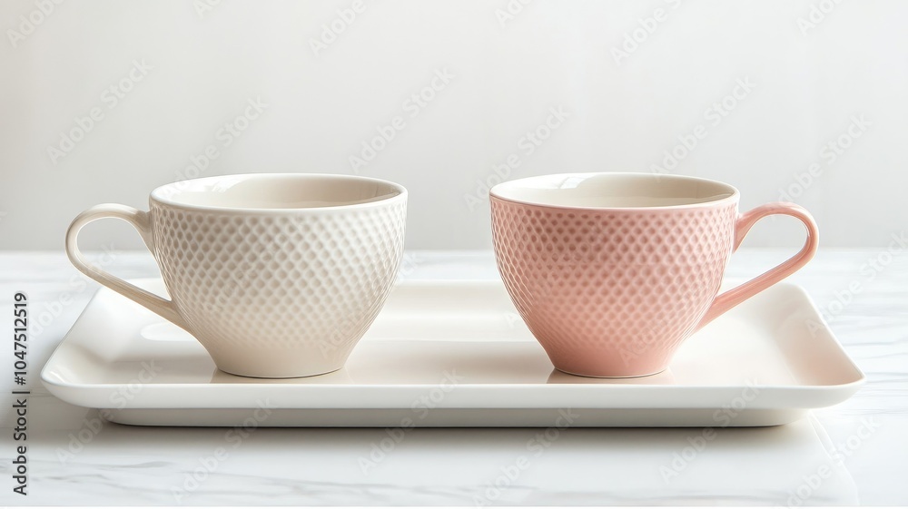 Fototapeta premium Two textured ceramic cups in white and pink on rectangular tray