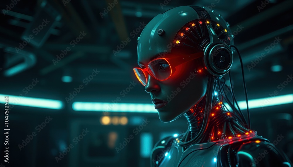 Fototapeta premium Futuristic robot with headphones and glasses