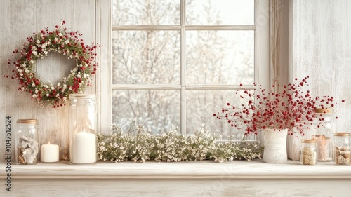 Winter-themed window decorations with wreath, candles, and floral arrangements