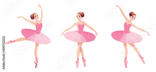 Set of pretty ballerina in pink dress dancing on white background. Vector illustration in flat cartoon style