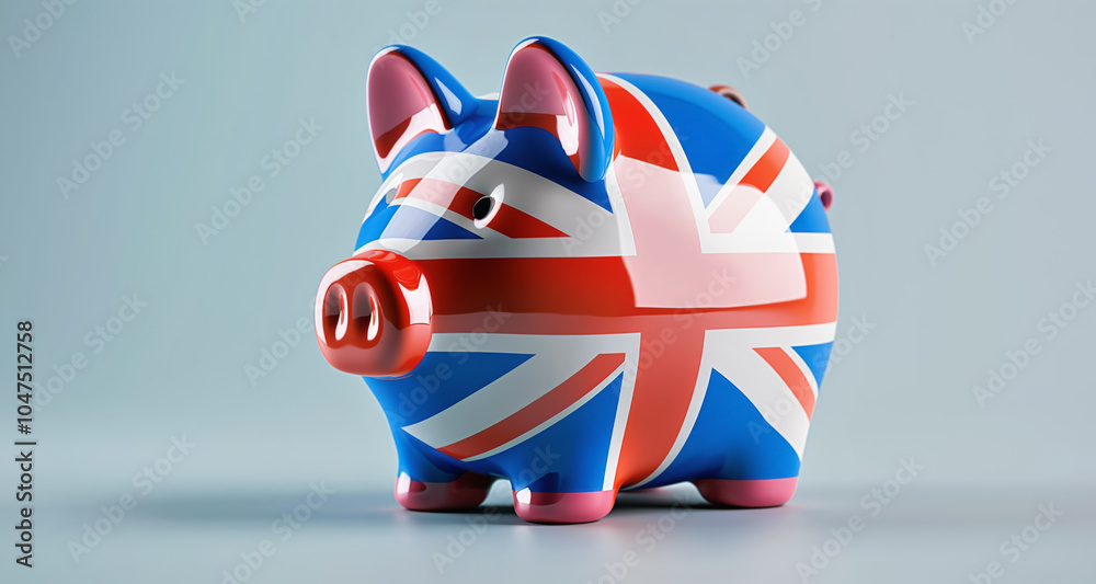 Glossy porcelain piggy coin bank with British Union Jack flag on it. Generative AI