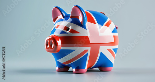 Obraz na płótnie Glossy porcelain piggy coin bank with British Union Jack flag on it. Generative AI w salonie