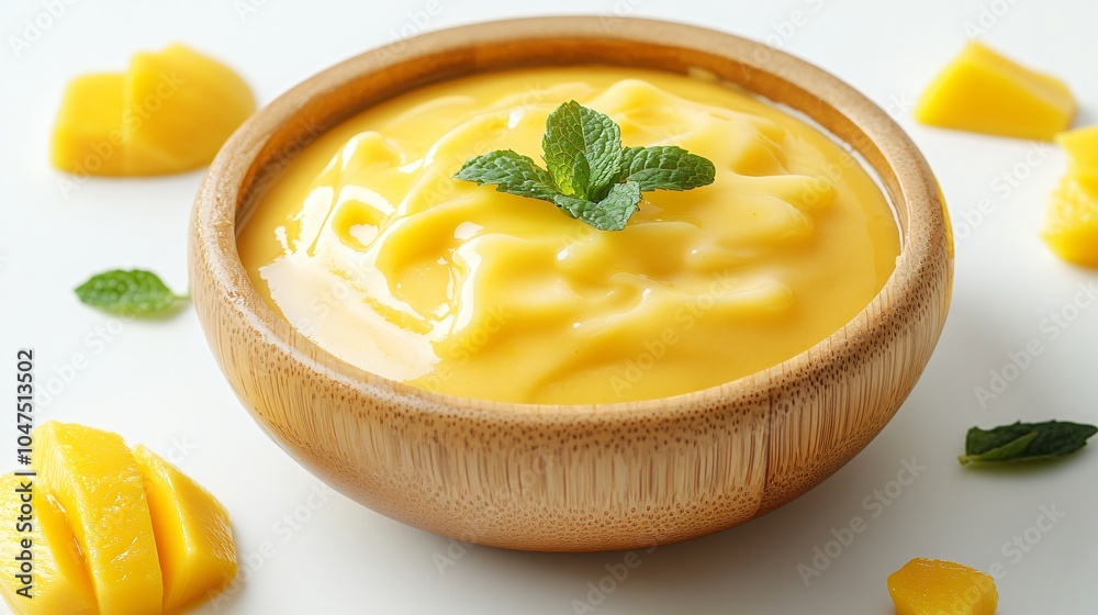 Mango pudding in a bamboo bowl, isolated on a white ceramic background, surrounded by fresh mango slices, mint leaves, and a drizzle of condensed milk Mango pudding in a bamboo bowl, isolated on a white ceramic background, surrounded by fresh mango slices, mint leaves, and a drizzle of condensed milk