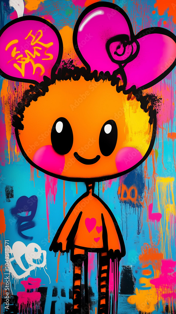 Obraz premium Colorful an Vibrant Vertical Background depicting an happy and joyful smiling character. 90s graffiti style effect.