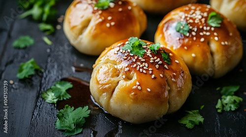 Pan-fried pork buns, placed on a dark wooden surface, garnished with soy sauce, sesame seeds, and fresh cilantro