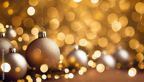 Festive Christmas Ornaments with Colorful Bokeh Lights, Gold, colorful, Christmas tree