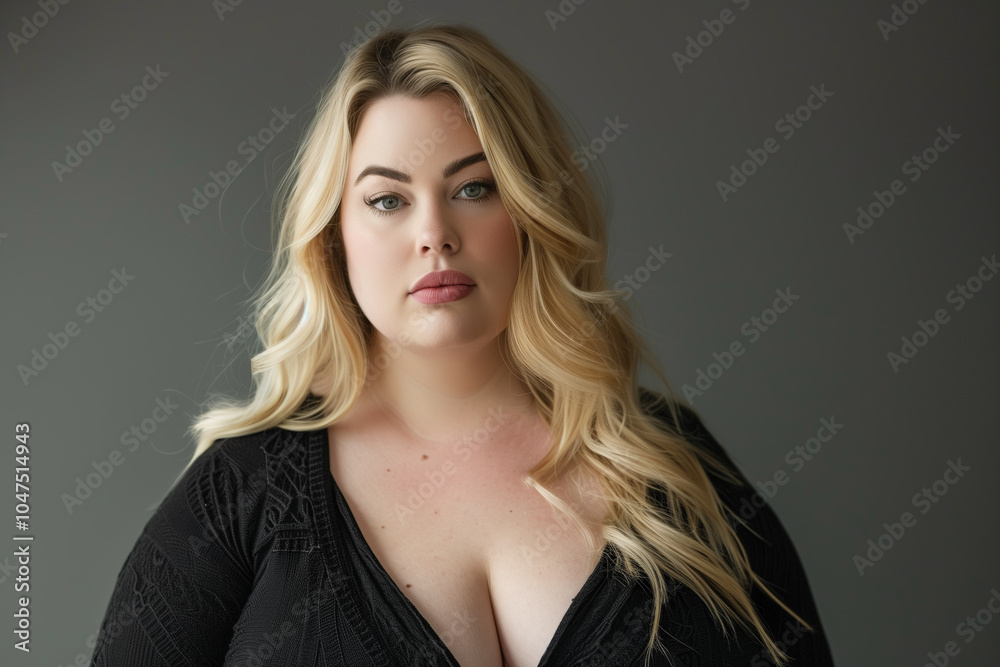 Confident plus size blonde model poses in studio for advertising with ample copy space Confident plus size blonde model poses in studio for advertising with ample copy space