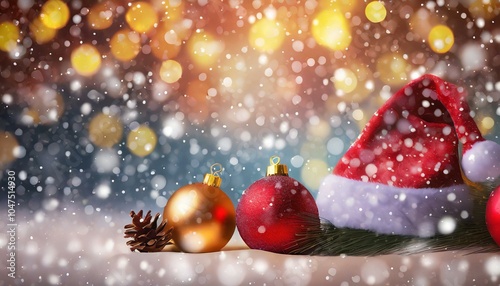 Festive Christmas Ornaments with Colorful Bokeh Lights, Gold, colorful, Christmas tree