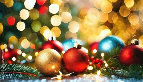 Festive Christmas Ornaments with Colorful Bokeh Lights