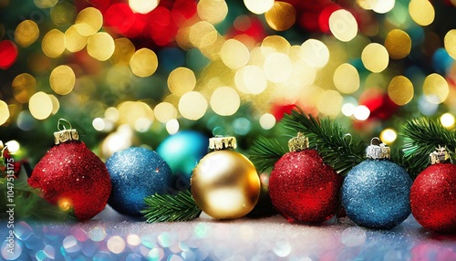 Festive Christmas Ornaments with Colorful Bokeh Lights