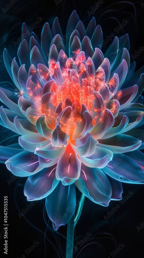 Obraz premium A vibrant, luminous flower stands against a dark backdrop. The petals glow with a mix of blue and pink hues. This digital art piece embodies beauty and creativity. AI