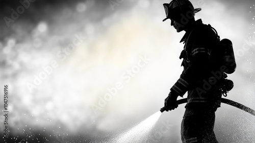 A high-detail, black-and-white vinyl sticker illustration of a firefighter spraying water from a hose. The powerful stance and the strong lines highlight the firefighterâs bravery, photo