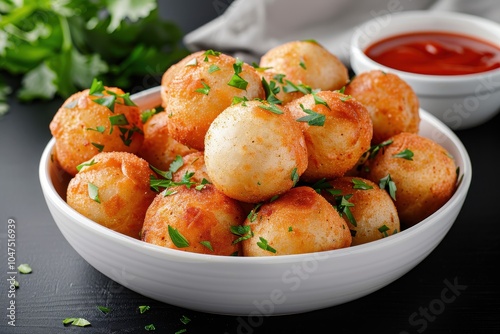 A plate of coxinhas, deep-fried dough balls filled with creamy chicken and spices, served with a side of spicy dipping sauce