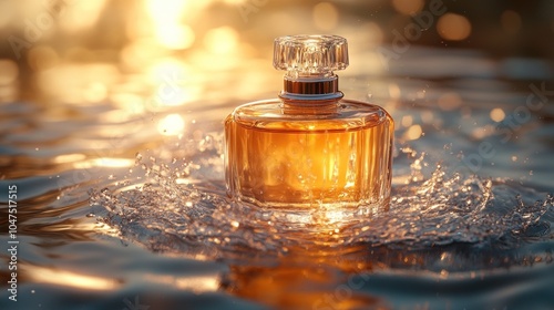 Perfume Bottle in Water with Sunset