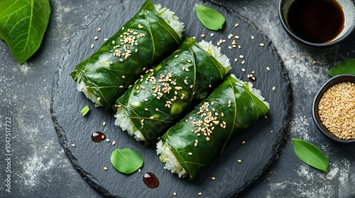 Steamed lotus leaf rice parcels, placed on a gray stone plate, garnished with fresh lotus leaves, soy sauce, and a sprinkle of sesame seeds photo