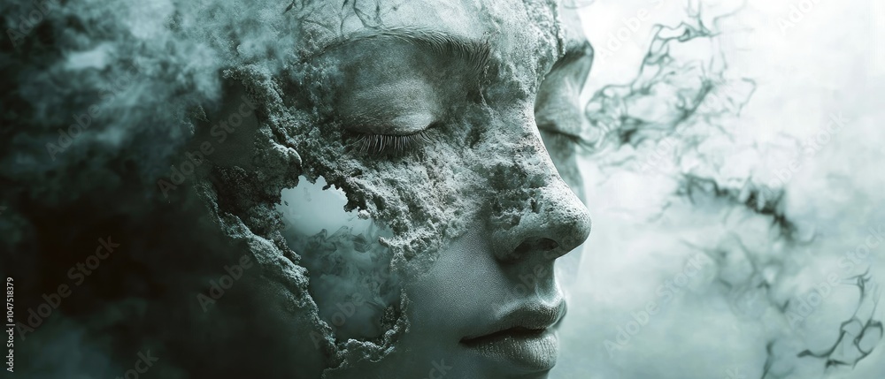 A surreal depiction of a serene face intertwined with abstract textures and ethereal elements. A surreal depiction of a serene face intertwined with abstract textures and ethereal elements.
