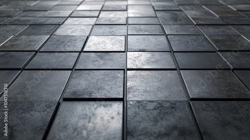 Shiny, metallic tiles with a 3D design, set against a plain gray concrete backdrop. The texture is detailed and looks very real. photo