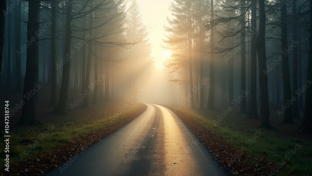 Obraz premium Misty forest with winding road and morning sun peeking through symbolizing the journey ahead