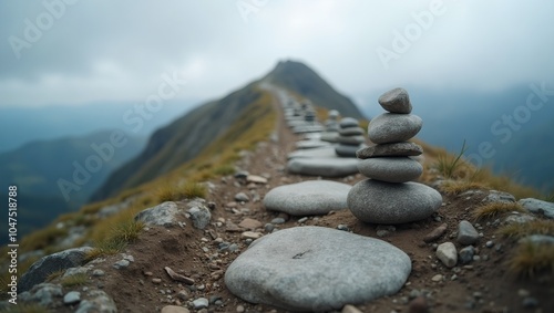 Stone trail leading to distant mountain peak under cloudy sky