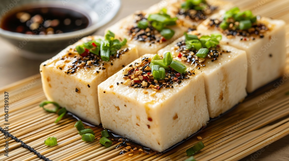 Steamed tofu skin rolls with mushrooms, placed on a light bamboo mat, garnished with soy sauce, green onions, and chili flakes Steamed tofu skin rolls with mushrooms, placed on a light bamboo mat, garnished with soy sauce, green onions, and chili flakes