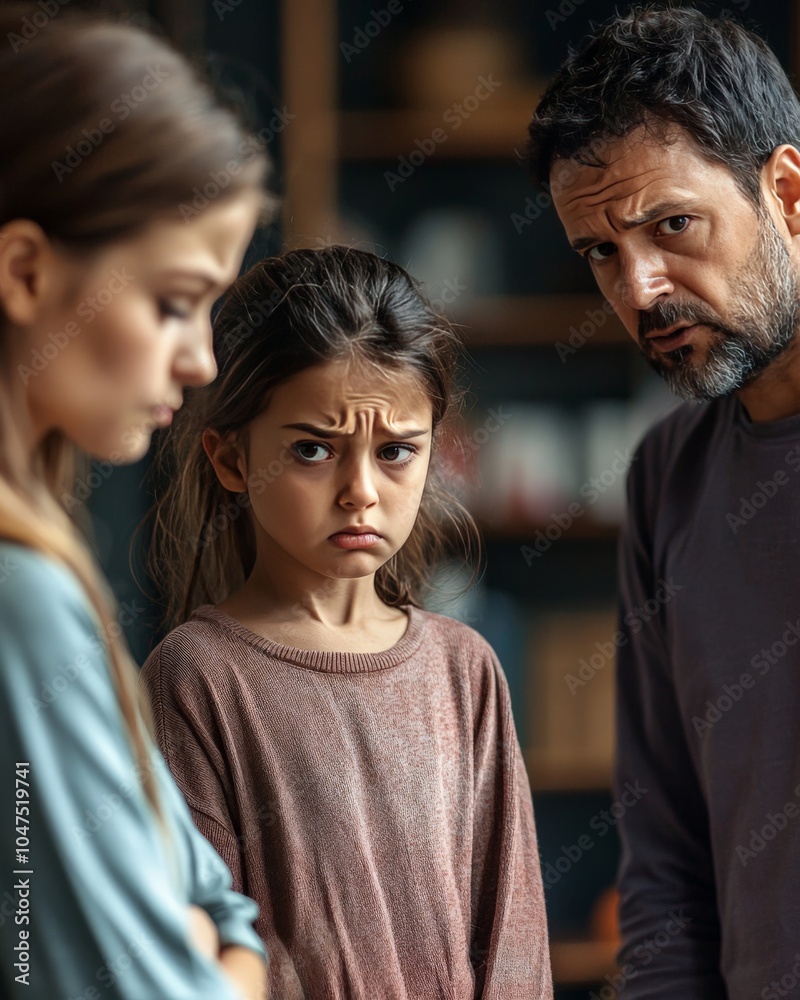 Parents arguing intensely while a young child stands watching with a sad expression, reflecting the child's pain in the midst of family discord, Parents arguing intensely while a young child stands watching with a sad expression, reflecting the child's pain in the midst of family discord,