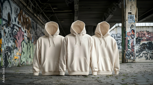 Wallpaper Mural Three beige hoodies displayed against a graffiti-covered urban backdrop. Torontodigital.ca