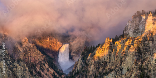 Photos Yellowstone National Park sunrise fog at Artist Point overlook with a view of Lo
