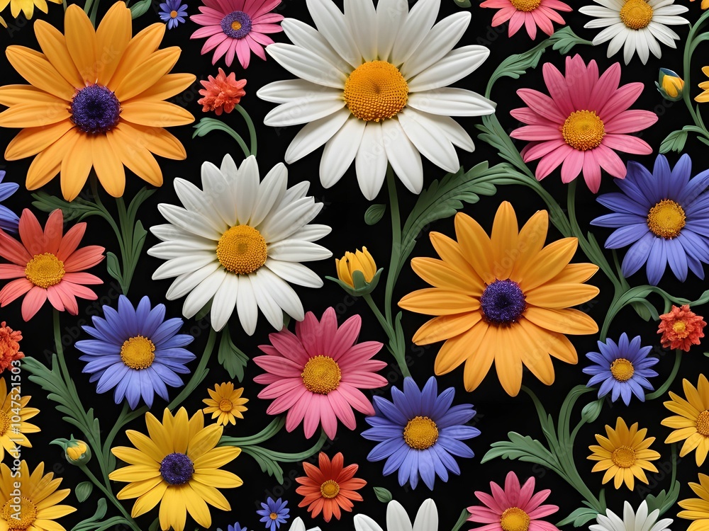 wallpaper representing colorful flowers in relief with lights, on a black background. wallpaper representing colorful flowers in relief with lights, on a black background.