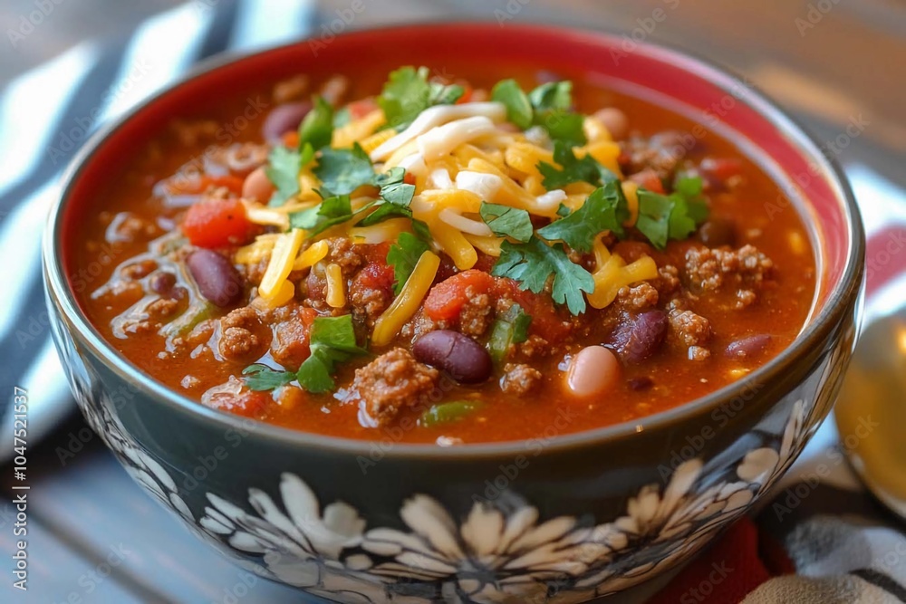 A hearty chili dish garnished with fresh herbs and cheese in a decorative bowl on a rustic wooden table. Generative AI A hearty chili dish garnished with fresh herbs and cheese in a decorative bowl on a rustic wooden table. Generative AI
