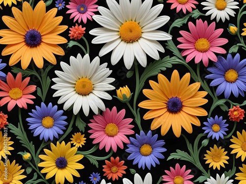 wallpaper representing colorful flowers in relief with lights, on a black background.