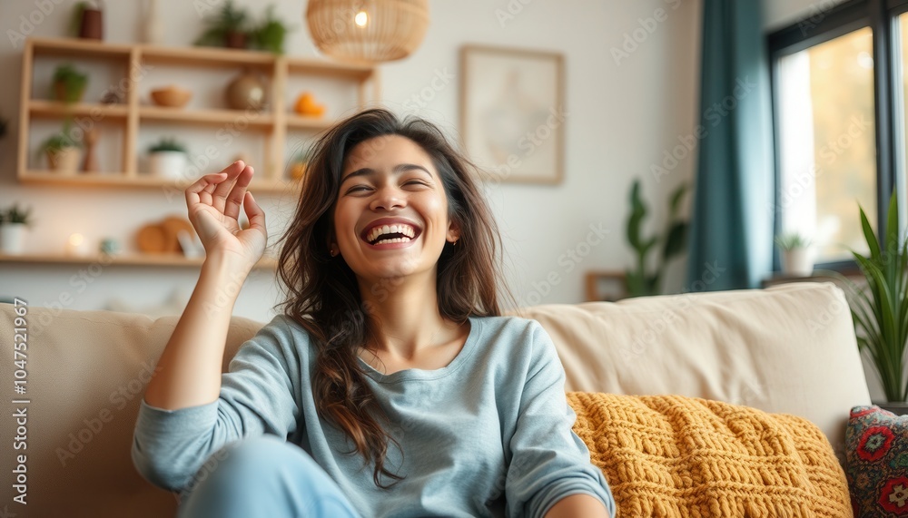 A cheerful young woman laughing while sitting comfortably on a sofa in a cozy living room filled with plants and warm decor A cheerful young woman laughing while sitting comfortably on a sofa in a cozy living room filled with plants and warm decor