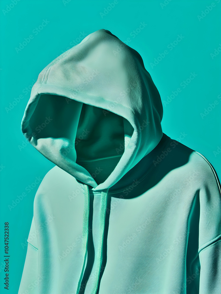 A minimalist image of a hooded sweatshirt against a turquoise background. A minimalist image of a hooded sweatshirt against a turquoise background.