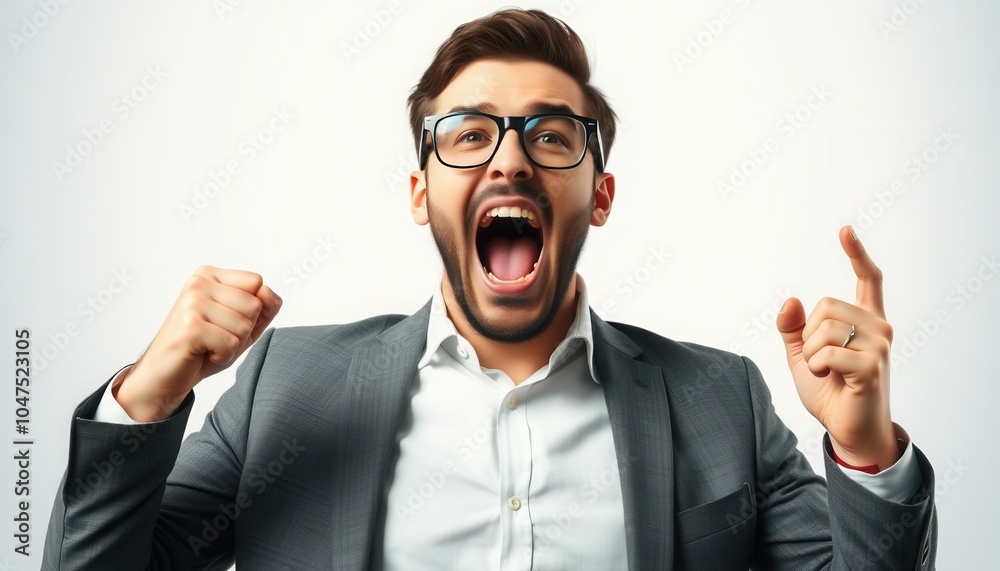 Enthusiastic man celebrating success with raised fists in a grey suit against a white background during a motivational moment Enthusiastic man celebrating success with raised fists in a grey suit against a white background during a motivational moment