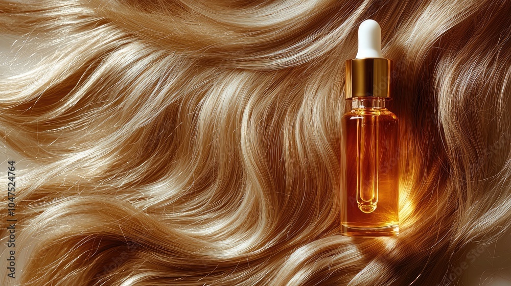 Naklejka premium Golden Essence Hair Oil in Clear Glass Dropper Bottle, Emphasizing Hair Luxury
