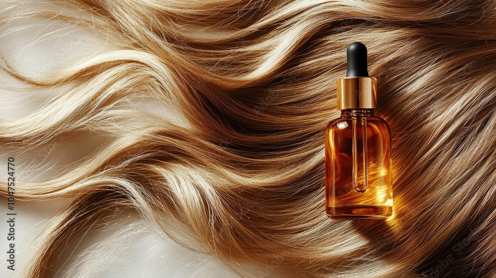 Naklejka premium Opulent Golden Hair Oil Dropper Bottle Elegantly Displayed on Silky Blonde Locks