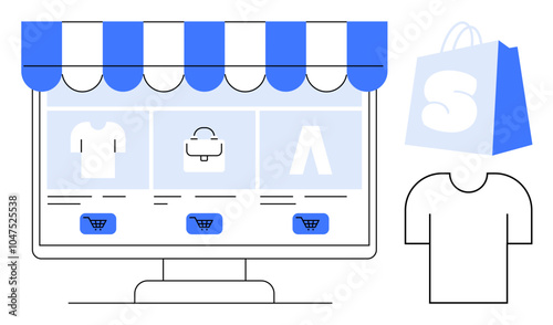 Online store concept with a computer monitor displaying apparel and accessories under a striped awning. A shopping bag and clothing item is beside it. Ideal for e-commerce, retail, marketplaces