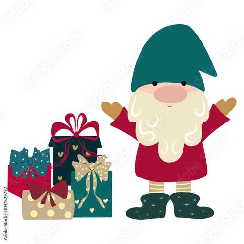 Hand drawn christmas gnome with a pile of gift boxes vector. Cute scandinavian gnome in cartoon style. Greeting Christmas card with Scandinavian holiday characters isolated on white background.