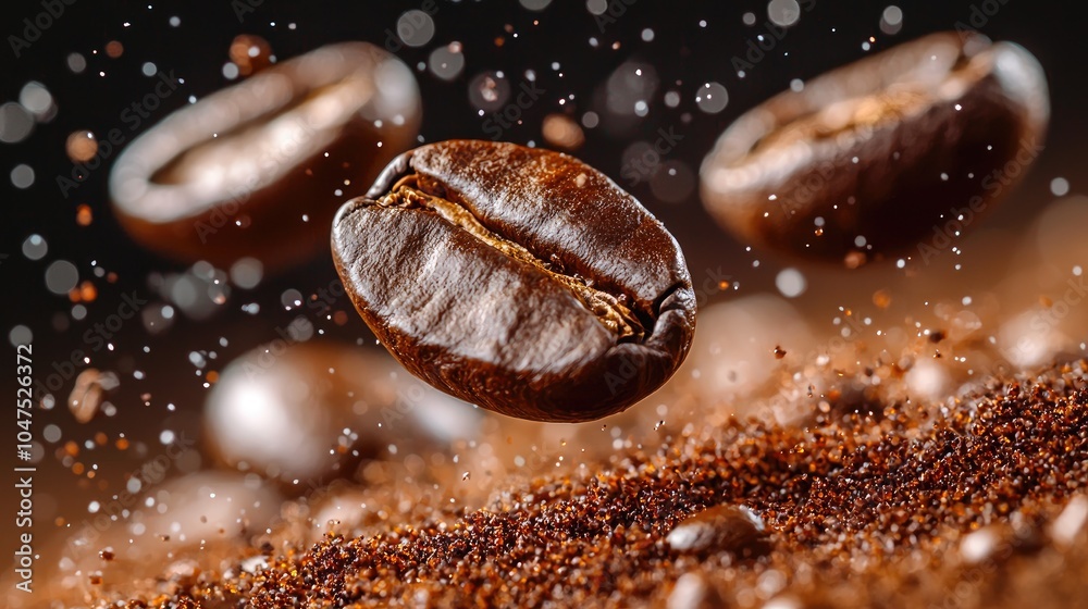 Floating Coffee Beans Captured on a Deep Brown Surface with Text Space Floating Coffee Beans Captured on a Deep Brown Surface with Text Space