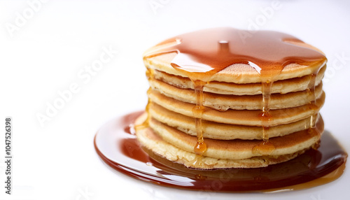 Pancakes with syrup on top on side position provides copy space for text. background concept isolated white