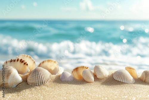 Seashells on sunny beach with waves in background