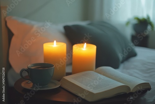 A cozy scene with two lit candles, a book, and a cup of tea on a bedside table, focus on relaxation and calm, bedroom setting