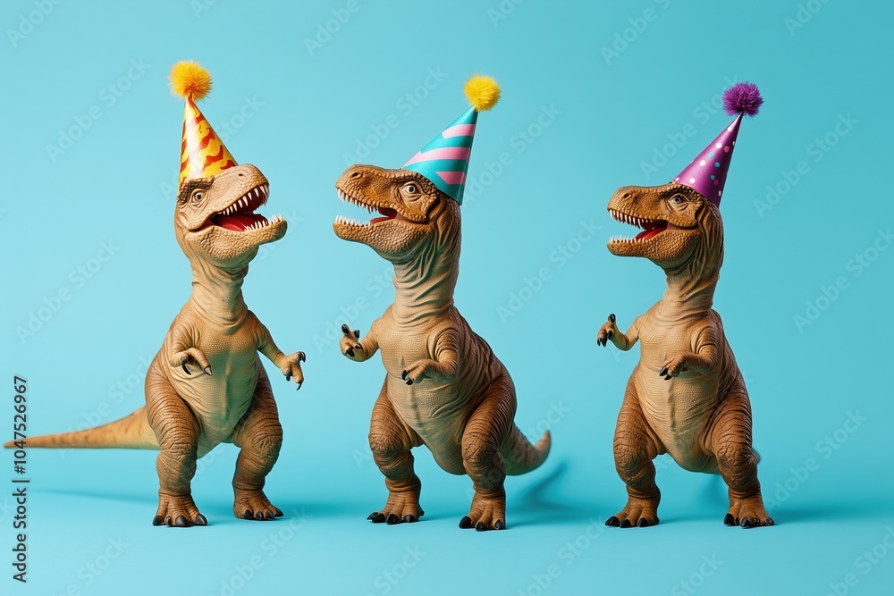 Obraz premium Three dinosaurs wearing party hats are standing in a row