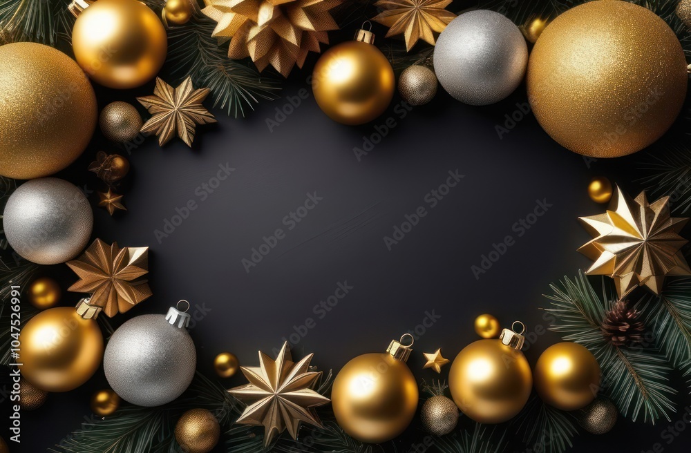 elegant Christmas decorations with gold and white ornaments on black background elegant Christmas decorations with gold and white ornaments on black background