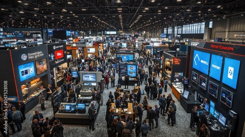 Wide view of a bustling trade show featuring various technology exhibitors in a large convention center