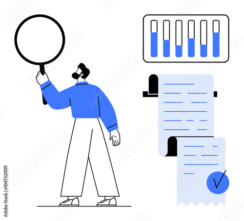 A person with a magnifying glass examines financial data represented by bar charts and receipts. Ideal for financial analysis, business reports, data evaluation, auditing, and accounting. Modern